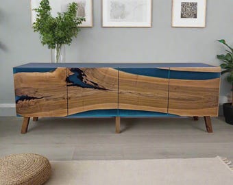 Teal Epoxy And Walnut Credenza / Custom Resin Sideboard /Scandinavian Buffet Cabinet / Modern Wooden Media Console /Dresser / Epoxy TV Table