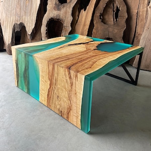 Modern Transparent Turquoise Epoxy Resin Coffee Table /Solid Wood And Epoxy Resin Waterfall Coffee Table /Custom Made Natural Wood Table