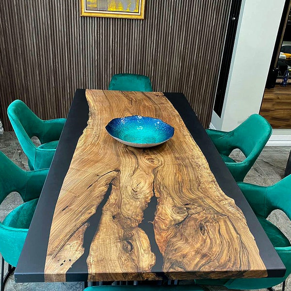 Large Wood Slab Dining Table / Black Epoxy Resin Dining Table / Walnut Wood Epoxy Resin Dining Table/Living Room Furniture /Epoxidharz Tisch