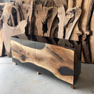 High Gloss Media Console/Buffet Cabinet With Doors/Buffet Enfilade/Sheer Black Glossy Sideboard /Wood Epoxy Resin Cabinet /TV Unit /Credenza