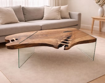 READY TO SHIP Single Slab Walnut Wood Coffee Table With Glass Legs /  Custom Wooden Table