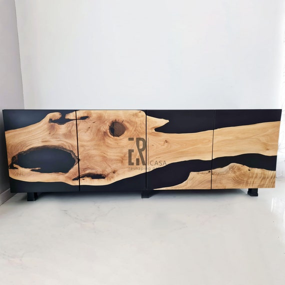 Modern Black Epoxy Buffet Cabinet Walnut Wood and Black Epoxy