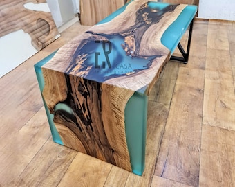 Walnut Wood Epoxy Waterfall River Table / Walnut Wood and Transparent Matte Turquoise Resin Coffee Table