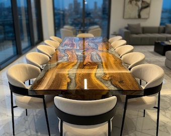 Graphite Epoxy Resin Dining Table/ Custom Dining Table for 8, 10, 12/ Walnut Wood Live Edge Table/ Extra Long Conference Table