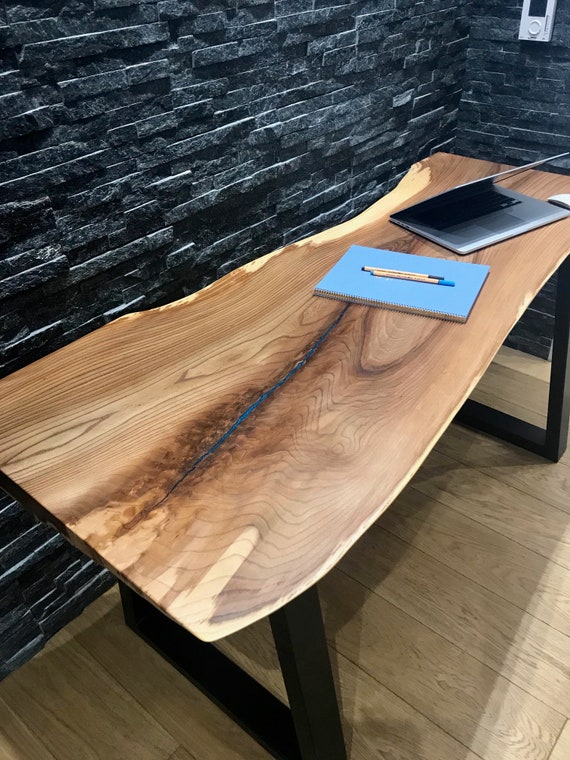 Wood and Resin Desk Live Edge Blue Epoxy Resin Desk Home