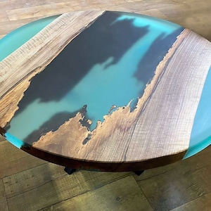 Round Epoxy Resin Coffee River Table/Walnut Wood and Transparent Matte Turquoise Resin Coffee Table/Oval Coffee Table/Side Table