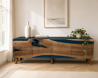 Teal Epoxy Credenza, Walnut Sideboard with Doors, Mid Century Modern Buffet Cabinet, Custom TV Console