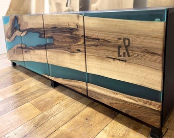 Walnut Wood And Teal Epoxy Sideboard / Office Credenza / Modern Buffet Cabinet /Mobile TV/ TV Stand /Media Console / Dresser / Living Room