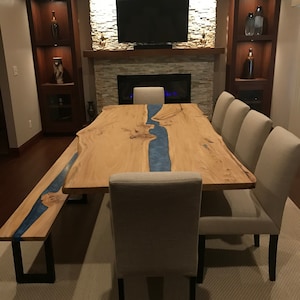 Live Edge Dining Table/ Blue Epoxy Resin Table / Dining Room Furniture Set/ Epoxy River Table/ Wood Epoxy Resin Table