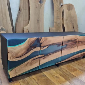 Walnut Wood And Teal Epoxy Sideboard / Office Credenza / Modern Buffet Cabinet /Mobile TV/ TV Stand /Media Console / Dresser / Living Room