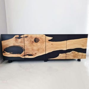 Modern Black Epoxy Buffet Cabinet / Walnut Wood And Black Epoxy Resin Cabinet /Media Console /TV Unit /Wood Epoxy Sideboard / Epoxy Credenza