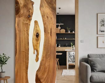 84" Sliding Barn Door / Rustic Walnut And Epoxy Kitchen Door / Living Room Divider / White Resin Live Edge
