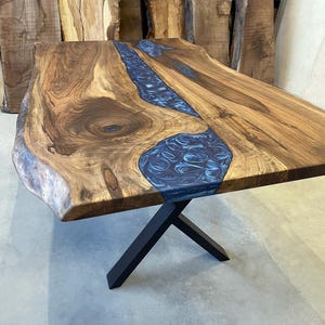 Live Edge Wood Epoxy Dining Table / Blue Epoxy Resin River Table / Walnut Wood Office Table / Modern Solid Wood Table/ Conference Room Table