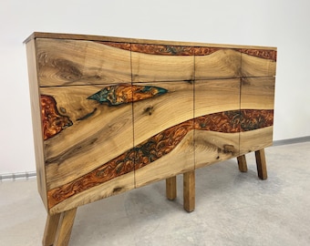 Custom Walnut Credenza with Drawers and Bronze-Green Epoxy/Wood Resin Sideboard/Media Console/Buffet /Wood Resin Sideboard/ Dresser/TV Stand