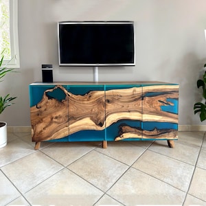 Wood Blue Epoxy Sideboard / Media Console With Epoxy/ Office Credenza / Wine Buffet / TV Unit / Buffet / Dresser / Floating Cabinet/Enfilade