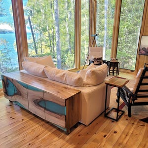 Wood And Turquoise Epoxy Sideboard/ TV Unit / Modern Buffet Cabinet / Walnut and Transparent Epoxy Cabinet / Media Console/ Epoxy Credenza