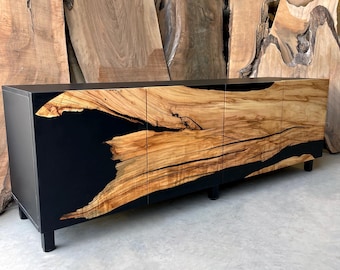 Walnut Wood And Black Epoxy Resin Sideboard, Modern Credenza, TV Stand Buffet Cabinet, Wood Console