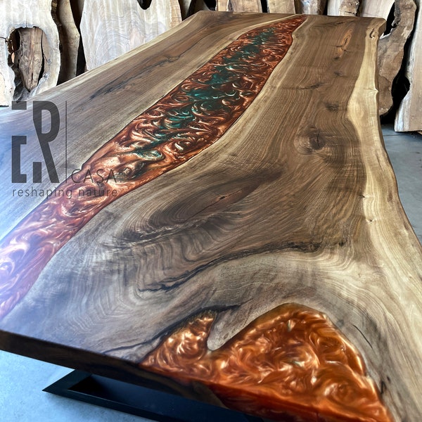 Live Edge Bronze Epoxy River Tisch / Epoxy Esstisch / Epoxy Resin Tisch / Nussbaumholz und Bronze Epoxy River Tisch / Massivholztisch