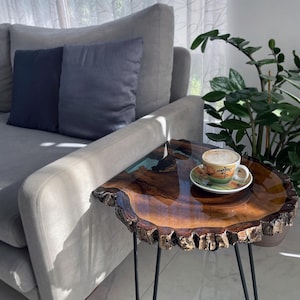 Live Edge Wood Slab Coffee Table /Tree Slice End Table / Walnut Wood and Turquoise Epoxy Resin Side Table/ Cookie Slab Table