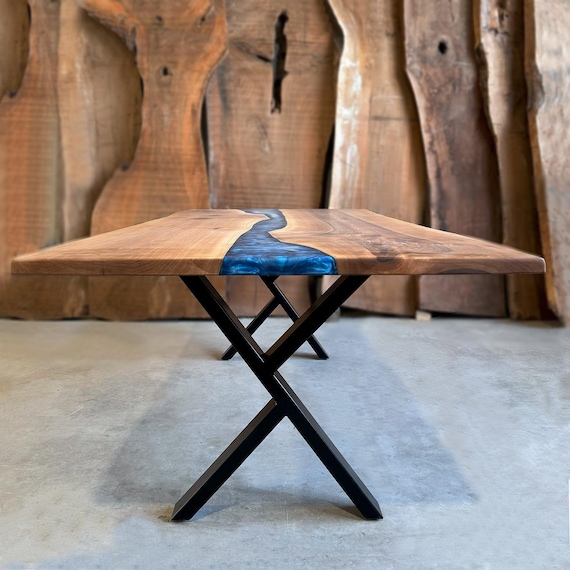 102" Live Edge Dining Blue River Table made in a modern rustic finish with black steel legs and Blue epoxy resin river/live edge dine table
