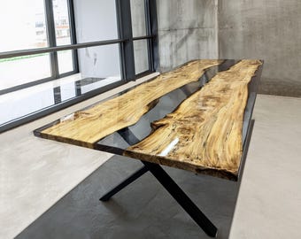 Clear Epoxy Dining Table / Glossy Epoxy Resin River Conference Table /Modern Maple Burl Wood Table / Countertop /Live Edge Dining Room Table