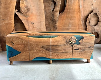 Sideboard Made Of Walnut Wood And Blue Epoxy Resin/ Office Credenza / Beach House Wood Epoxy Cabinet / TV stand / Dresser / Custom Buffets