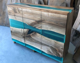Modern Dresser made of European walnut slabs and Turquoise epoxy resin / River Dresser / Bedroom Furniture / Drawers and Doors Cabinet
