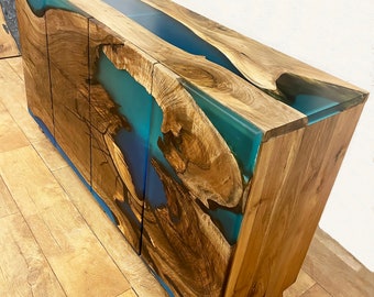 Modern Buffet Cabinet / Walnut and Blue Epoxy Resin Cabinet / Media Console / Two Tone Wood Epoxy Sideboard / Credenza / TV Unit / Cupboard