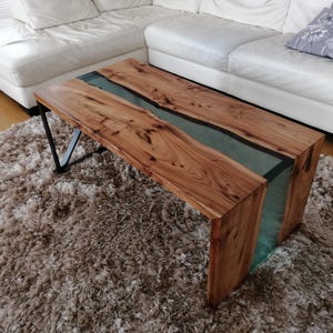 Live Edge Epoxy Waterfall River Table / Elm Wood and Turquoise Blue Resin Coffee Table / Industrial Steel Legs / Walnut Blue Epoxy Table