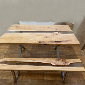 Matching Set Dining Table and Bench/Live Edge Dining Table /Transparent Epoxy Resin Table/ Wood and Resin Bench/ Dining Room Furniture Set