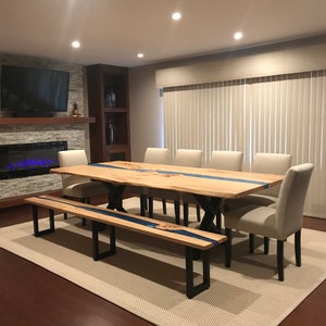 Live Edge Walnut Wood and Epoxy Resin Bench / Reclaimed Wood Bench / Walnut Wood and Blue Epoxy Resin Dining Bench / Entryway Bench
