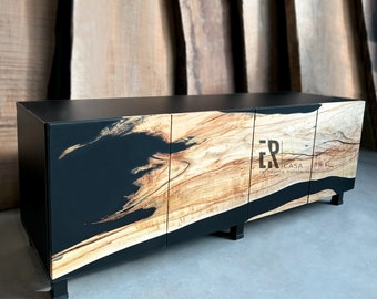 Wood And Epoxy Tall Credenza/ Epoxy Resin Sideboard / Bathroom Cabinet / Modern TV Cabinet / Walnut Wood Black Epoxy Buffet Console/ TV Unit