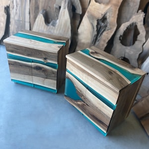 Modern Nightstand made of European walnut slabs and Turquoise epoxy resin / River Nightstand / Bedroom Furniture / Drawers and Doors Cabinet
