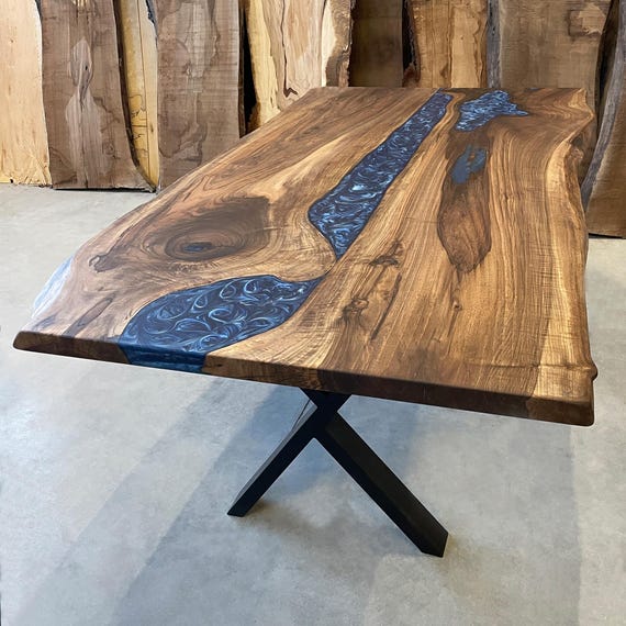 Live Edge Wood Epoxy Dining Table / Blue Epoxy Resin River Table / Walnut Wood Office Table / Modern Solid Wood Table/ Conference Room Table