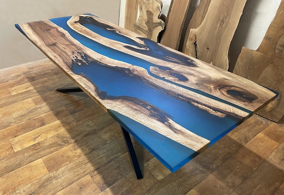 Three Shades of Blue Epoxy Resin Dining Table/Ocean Blue River Table /Dining Room Furniture/ Walnut Wood Epoxy Resin Table/Living Room Table
