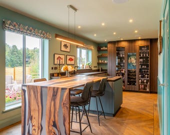 Live Edge Walnut Kitchen Island Top, Epoxy Waterfall Bar Table, Custom Wood Island Countertop, Breakfast Bar Slab