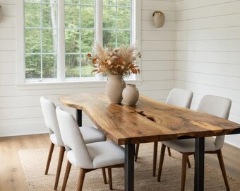 Rustic Walnut Dining Table with Bowties /Live Edge Walnut Table / Handcrafted Solid Wood Conference Table with Black Metal Legs