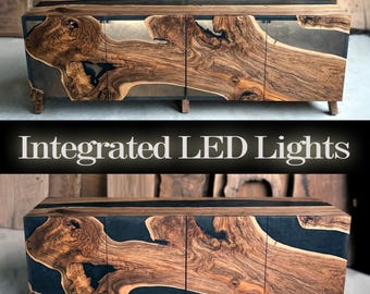LED-belysningsskänk / Anpassad lång vattenfallskonsol bufféskåp / Valnötsträ och svart epoxiharts mediakonsol / Credenza