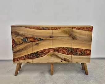 Custom Walnut Credenza: Bronze-Green Epoxy Resin Sideboard
