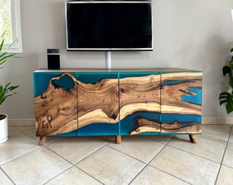 Aparador epoxi azul de madera / Consola multimedia con epoxi / Credenza de oficina / Buffet de vinos / Unidad de TV / Buffet / Cómoda / Gabinete flotante / Enfilada