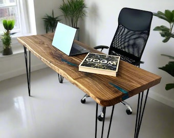 Desk / Live Edge Wood Desk / Acacia Slab with Turquoise Resin / Hairpin Legs / Rustic Modern Modern Home Office Computer Desk / Buy It Now