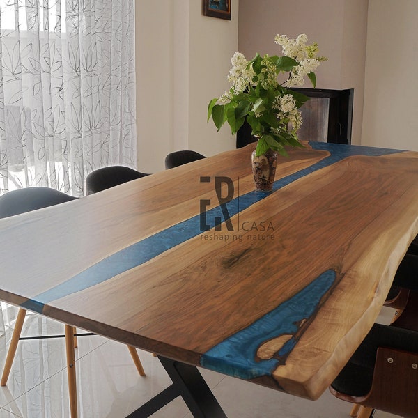 Live Edge Epoxy River Table / Blue Epoxy Resin River Table / Modern Wooden Dining Table  / Epoxy Resin Countertop / Epoxidharz Tisch