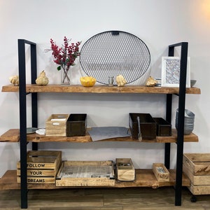 Rustic Live Edge Freestanding Bookshelf / Vintage Sideboard / Solid Wood and Metal Bookcase / Rustic Standing Industrial Shelving Unit