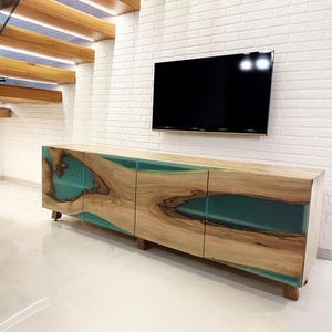 Modern Walnut Wood and Turquoise Epoxy Resin Cabinet/ Wood Epoxy Sideboard/ Modern Buffet Cabinet/ Media Console / TV Unit/ Epoxy Credenza