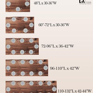 May include: Five different sizes of rectangular wooden tables with white place settings. The table sizes are 48"L x 30-36"W, 60"-72"L x 30-36"W, 72-96"L x 36-42"W, 96-110"L x 42"W, and 110-132"L x 42-44"W.