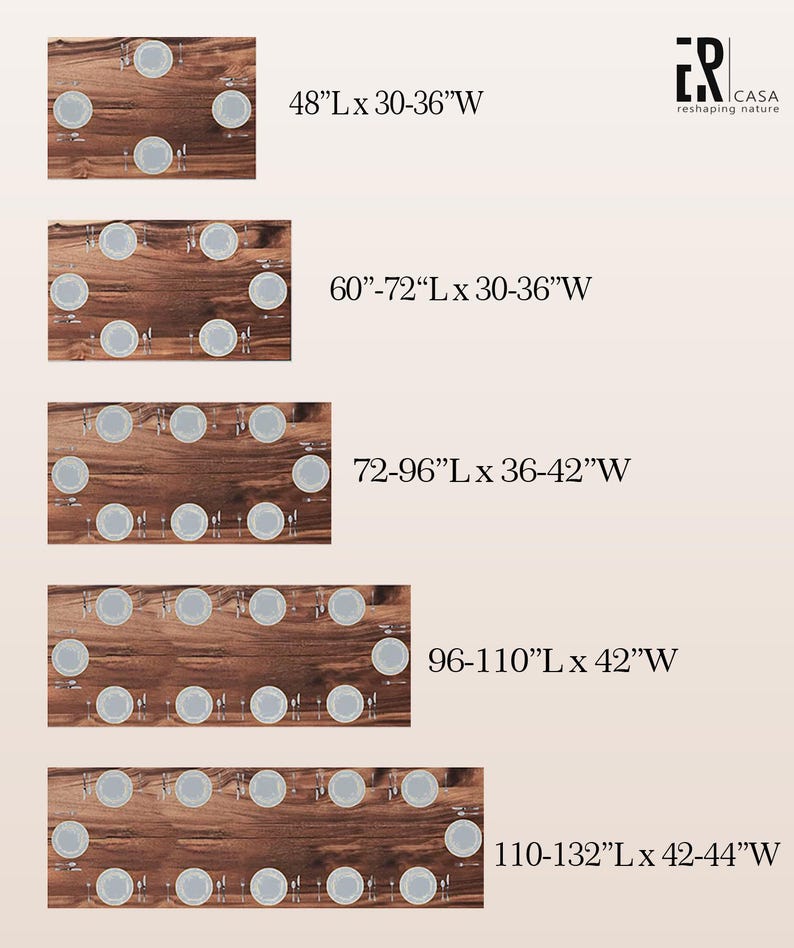 May include: Five different sizes of rectangular wooden tables with white place settings. The table sizes are 48"L x 30-36"W, 60"-72"L x 30-36"W, 72-96"L x 36-42"W, 96-110"L x 42"W, and 110-132"L x 42-44"W.