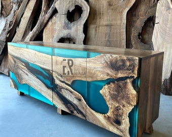 Wood And Turquoise Epoxy Media Console / Modern Walnut Buffet/ Wood Resin Sideboard / Wood Epoxy Cabinet / TV Unit / Dresser / Credenza Bar