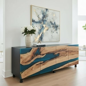 Aparador de madeira de nogueira e epóxi azul-petróleo / Aparador de escritório / Armário de buffet moderno / TV móvel / Suporte de TV / Console de mídia / Cômoda / Sala de estar