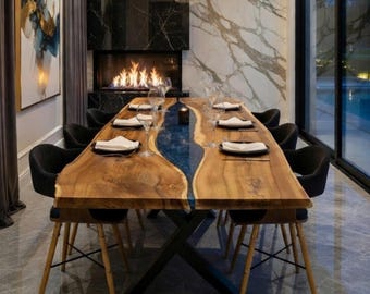 Tavolo in legno e resina epossidica, tavolo da pranzo con bordo naturale, tavolo da pranzo per 6, 8, 10, 12 persone, tavolo da conferenza, tavolo da cucina, tavolo extra lungo