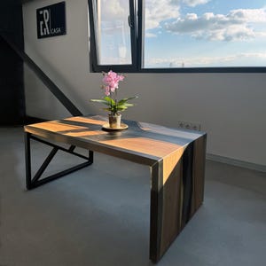 Sheer Black Epoxy Coffee Table / Solid Wood And Transparent Black Resin Waterfall River Table / Wood Epoxy Resin Side Table